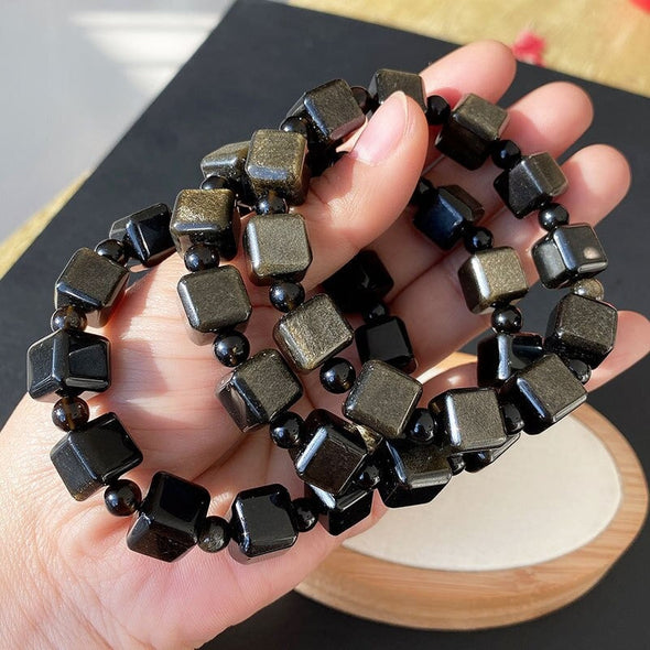 Gold Black Natural Obsidian Stone Bracelet