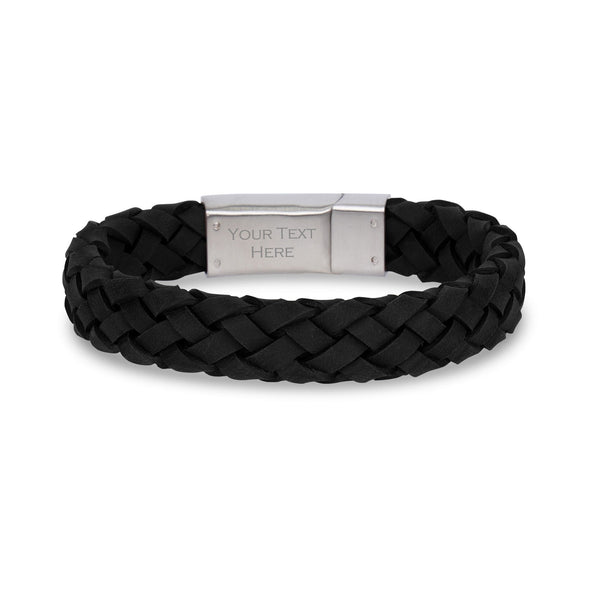 12mm Black Leather Engravable Steel Bracelet