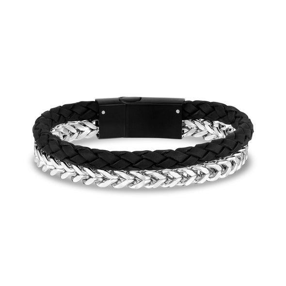 Black Leather Franco Link Engravable Bracelet