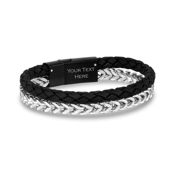 Black Leather Franco Link Engravable Bracelet