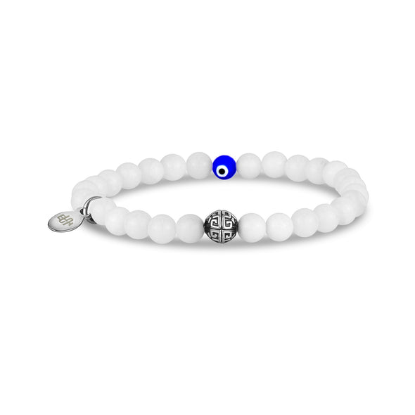 Evil Eye 6mm White Jade Bead Bracelet